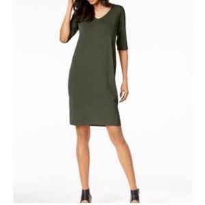 EUC Eileen Fisher V Neck Viscose Jersey 1/2 Sleeve Dress in Khaki Green - Small